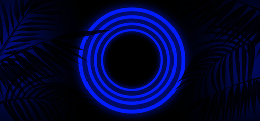 Background with neon and tropical leaves, neon lamps, circle, wall background, silhouettes of leaves, night view