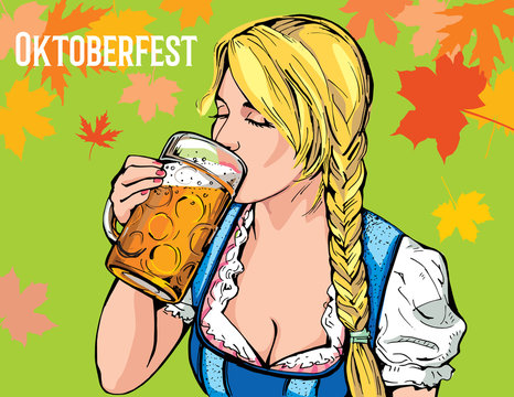 Oktoberfest Beer Festival. Vector illustration of a young girl holding a glass of beer in hand and a sipping sip.