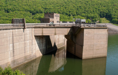 Warren, Pennsylvania, USA 5-23-2018 Kinzua Dam below the Allegheny Reservoir. The Allegheny River flows from the dam south to Pittsburgh