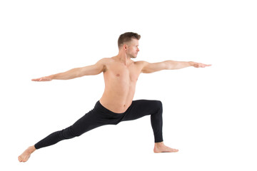 Yoga and a healthy lifestyle. Sexy man. White background. 