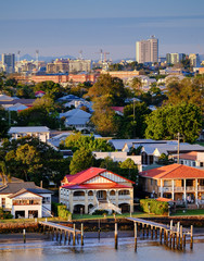 View of suburban Brisbane encompassing the Brisbane River, Bulimba, Teneriffe and Woolloongabba - obrazy, fototapety, plakaty