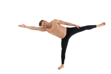 Yoga and a healthy lifestyle. Sexy man. White background. 