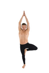 Yoga and a healthy lifestyle. Sexy man. White background. 