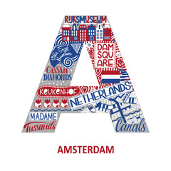 Amsterdam abstract sight map. National color. City alphabet typography. Vector illustration