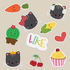 Set of stickers with cat, carrot, corn, cup cake, cactus,heart, cherry.