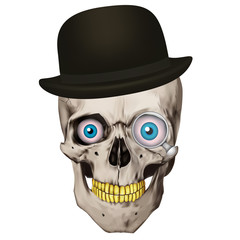 Human realistic skull. Blue eyes, gold teeth, bowler, monocle. White vector background. Anatomy vector illustration.