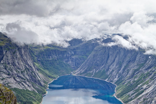 Trail to Trolltunga rock. Ringedalsvatnet lake, Norway
