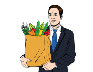Vector colorful pop art style illustration of a young handsome guy with full paper bag of vegetables . Businessman doing grocery shopping isolated from white background
