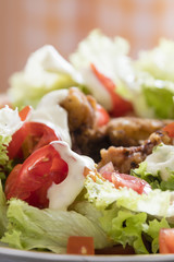 Small chicken slices with salad and dip.