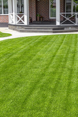 Beautiful evenly trimmed lawn in the backyard of a private house.