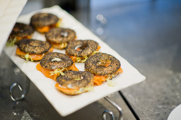 buffet food, catering food party at restaurant, mini canapes, snacks and appetizers