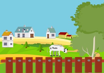 Farmland scene vector illustration, farm houses on green hills, cows, fence concept illustration