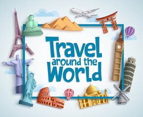 Travel around the world vector banner design with frame and famous landmarks and tourist destinations elements in white background. Vector illustration.
