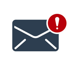 Envelope icon, multimedia icon with exclamation mark. Envelope icon and alert, error, alarm, danger symbol