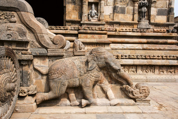 Balustrade, carved elephant and Shiva's chariot at entrance to Airavatesvara Temple, Darasuram,...