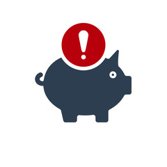 Piggy bank icon, business icon with exclamation mark. Piggy bank icon and alert, error, alarm, danger symbol