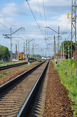 Fototapeta na wymiar Railway tracks and railway crossing, Moscow region, Russia