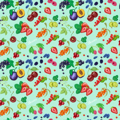 Summer seamless pattern with garden berries on a blue background