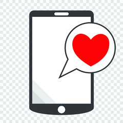 Smartphone with heart in a speech bubble, mobile phone and love message.