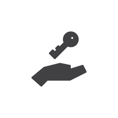 Hand with key vector icon. filled flat sign for mobile concept and web design. real estate simple solid icon. Symbol, logo illustration. Pixel perfect vector graphics