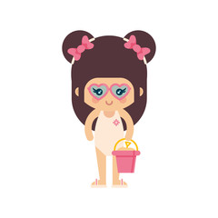 cartoon summer girl in a swimsuit and with sunglasses with summer bucket
