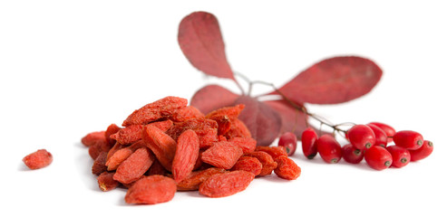 Branch of ripe red barberries and dried goji berries isolated on white background