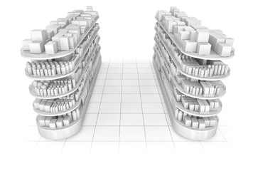Shelves with blank goods in the store. 3d illustration isolated on white.