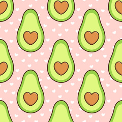 Seamless pattern with avocado, with a bone in the form of a heart, on a pink background with white hearts.  It can be used for packaging, wrapping paper, textile and etc. 