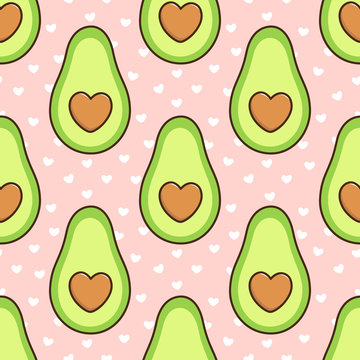 Seamless pattern with avocado, with a bone in the form of a heart, on a pink background with white hearts.  It can be used for packaging, wrapping paper, textile and etc. 