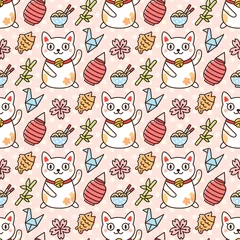 Fotobehang Seamless pattern with cat Maneki-Neko and other Japanese symbols, on a pink background. It can be used for packaging, wrapping paper, textile and etc.  © viairevi