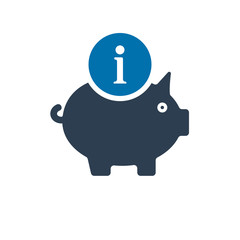 Piggy bank icon, business icon with information sign. Piggy bank icon and about, faq, help, hint symbol