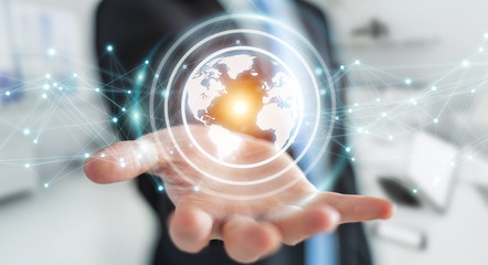 Businessman using planet earth network sphere 3D rendering