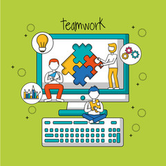 people teamwork boys sitting in a computer screen puzzle tools statistics vector illustration