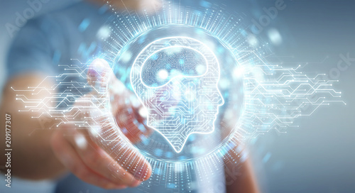 Businessman using digital artificial intelligence icon hologram 3D rendering
