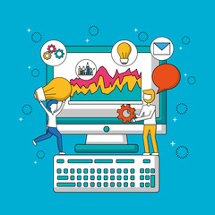 Naklejka premium people teamwork boys holding bulb bubble chat computer with statistics gears vector illustration