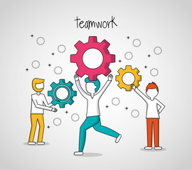 people teamwork three boys holding gears good job vector illustration