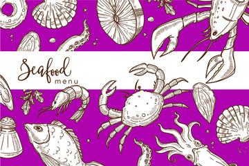 Seafood menu bright purple cover with endless texture