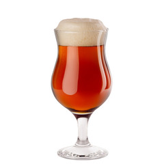 Yellow lager beer in wineglass with foam isolated on white background.