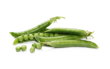 Fresh green peas with pod isolated on white background