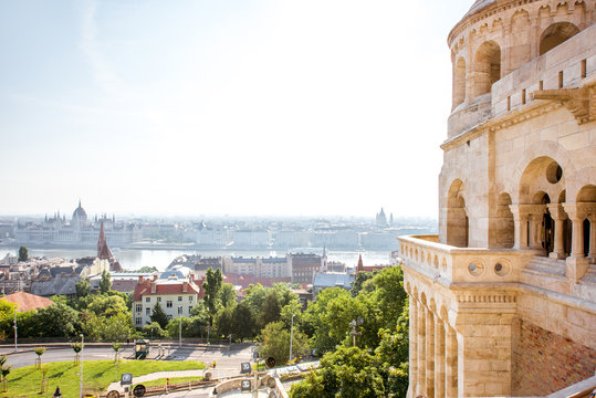 View on the wall of Fiserman's bastion and Budapest city during the daylight in Hungary
