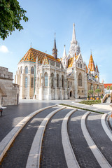 Morning view on the famous Matthias church on the Trinity square in Budapest, Hungary