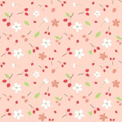 Seamless pattern with flowers Apple tree and apples on light pink background. Spring light floral texture for interior, tiles, print, textiles, packaging and various types of design. vector.