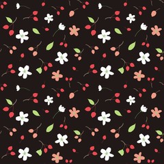 Seamless pattern with flowers Apple tree and apples on dark background. Stylish and fashionable floral texture for interior, tiles, print, textiles, packaging and various types of design.