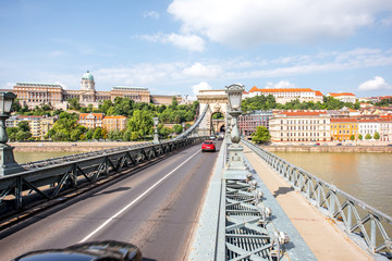 Cityscape view on the famous Chain bridge and Buda riverside during the daylight in Budapest city, Hungary
