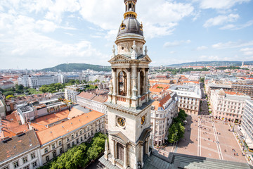 Aerial cityscape view from saint Stephen church on the old town with bell tower in Budapest city, Hungary