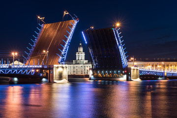 Fototapeta na wymiar Drawn Palace Bridge and Peter and Paul Fortress at white night, St Petersburg, Russia