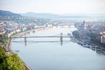 Aerial view on Budapest city with Chain bridge on Danube river and Parliament building during the morning light in Hungary