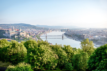 Panoramic aerial view on Budapest city with Danube river during the morning light in Hungary