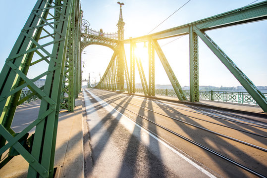 Geometrical view on the famous Liberty bridge during the sunrise in Budapest, Hungary
