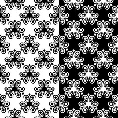 Black and white floral seamless patterns. Set of backgrounds